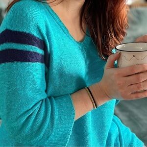 Soft Surroundings Sweater 37639 Blue Game Day Tunic Blue Striped Knit